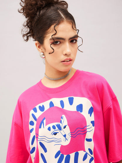 Barbie Pink Cat Print Oversized T-shirt