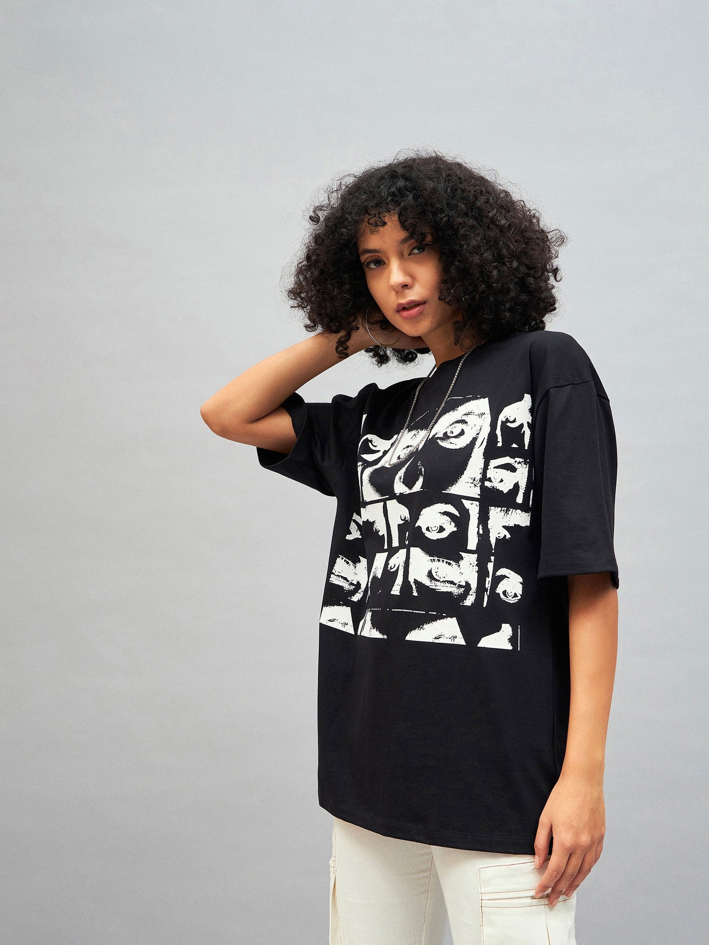Women Black Retro Photographic Print Oversized T-shirt