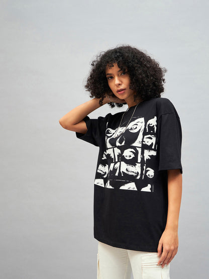 Women Black Retro Photographic Print Oversized T-shirt