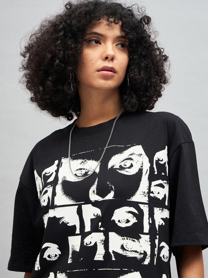Women Black Retro Photographic Print Oversized T-shirt