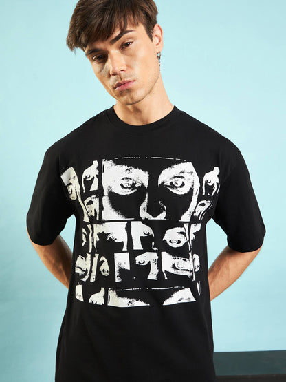 Men Black Retro Photographic Print Oversized T-Shirt