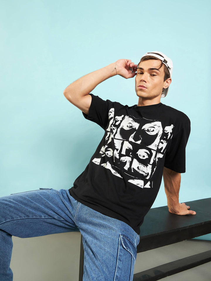 Men Black Retro Photographic Print Oversized T-Shirt