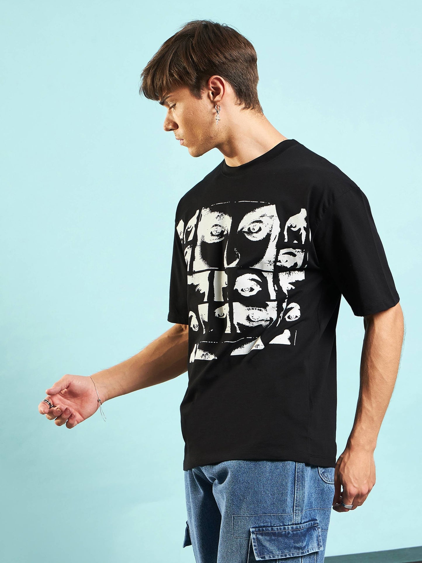 Men Black Retro Photographic Print Oversized T-Shirt