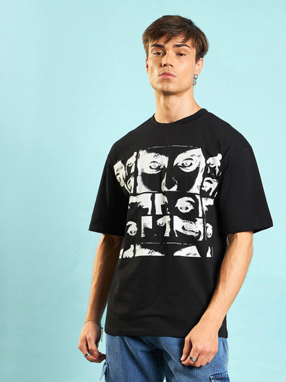 Men Black Retro Photographic Print Oversized T-Shirt