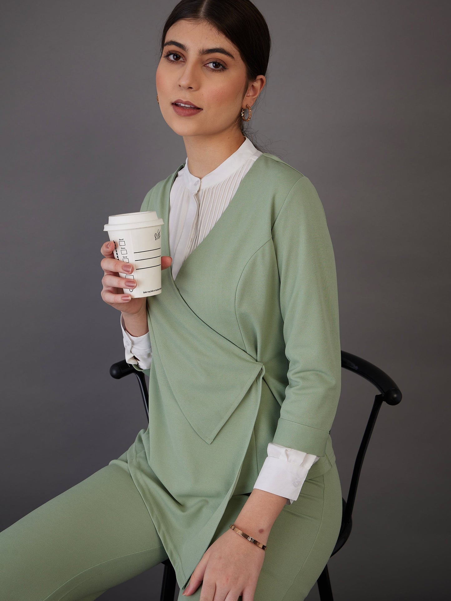 Green Wrap Neck Asymmetric Top