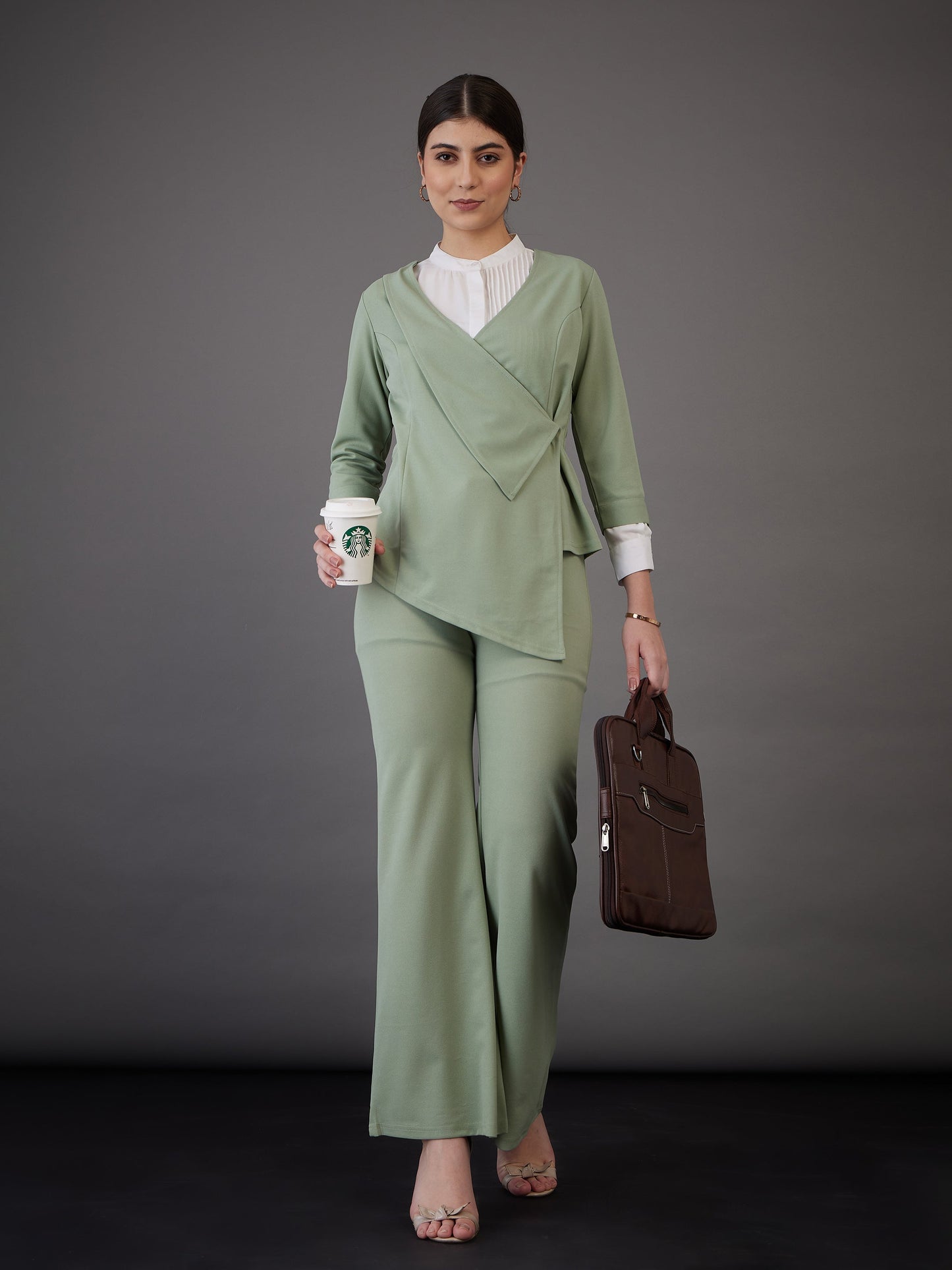 Green Wrap Neck Asymmetric Top
