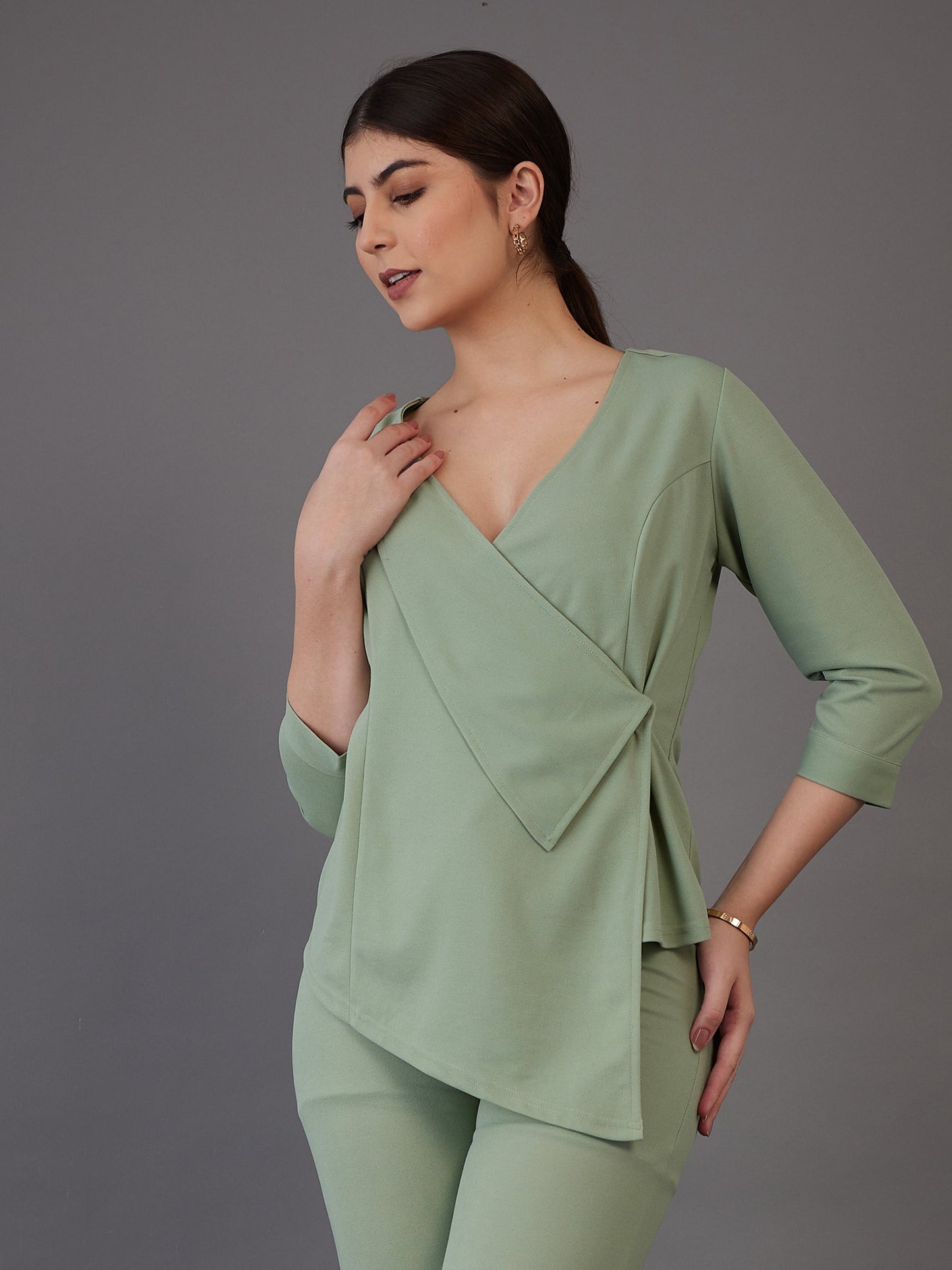 Green Wrap Neck Asymmetric Top