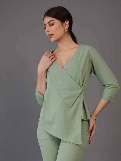 Green Wrap Neck Asymmetric Top