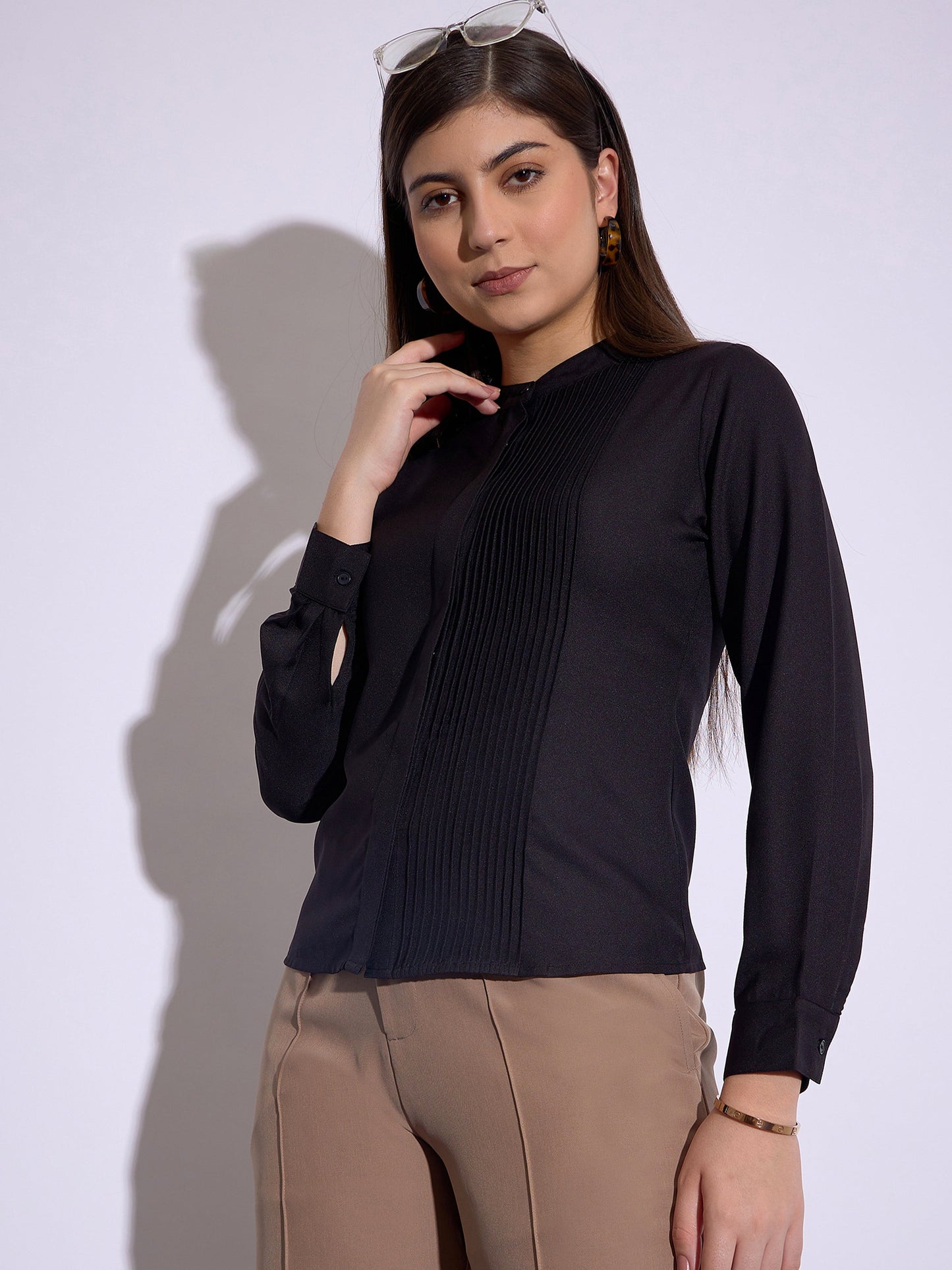 Black Front Pin Tuck Shirt Style Top