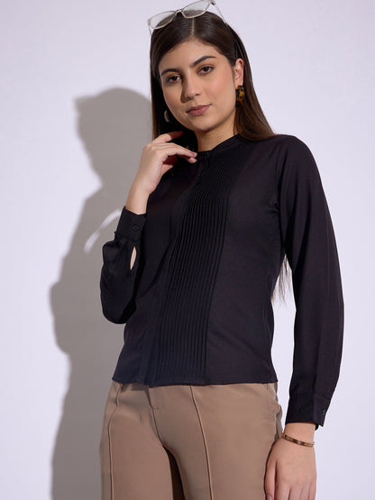 Black Front Pin Tuck Shirt Style Top