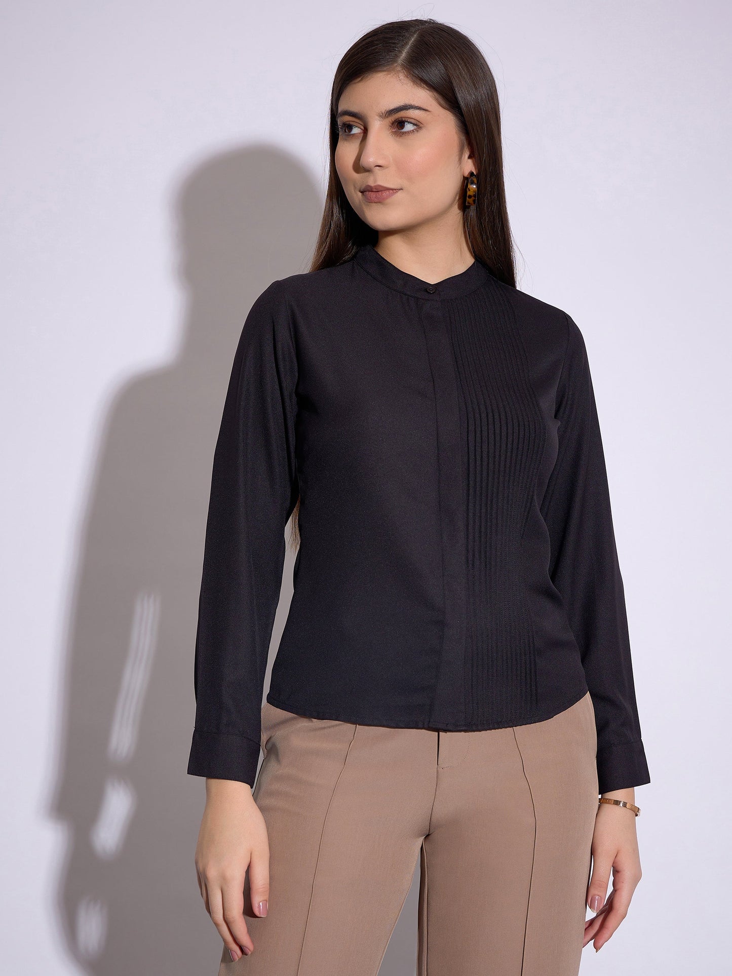 Black Front Pin Tuck Shirt Style Top
