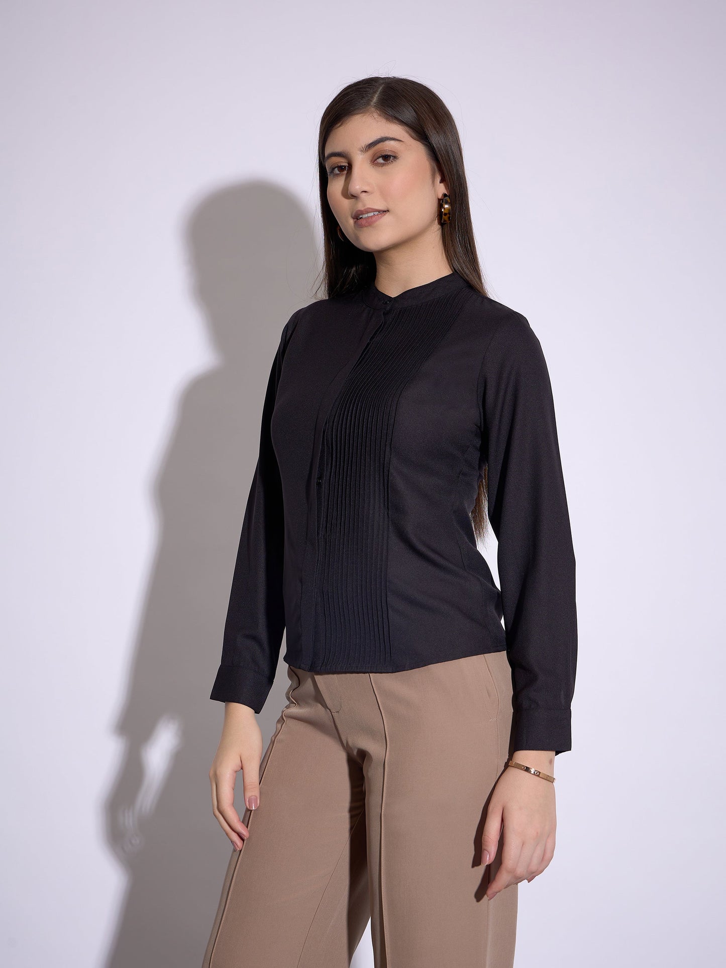 Black Front Pin Tuck Shirt Style Top