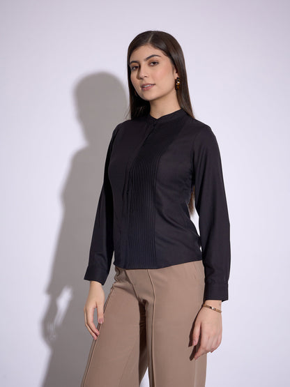 Black Front Pin Tuck Shirt Style Top