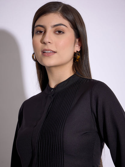 Black Front Pin Tuck Shirt Style Top