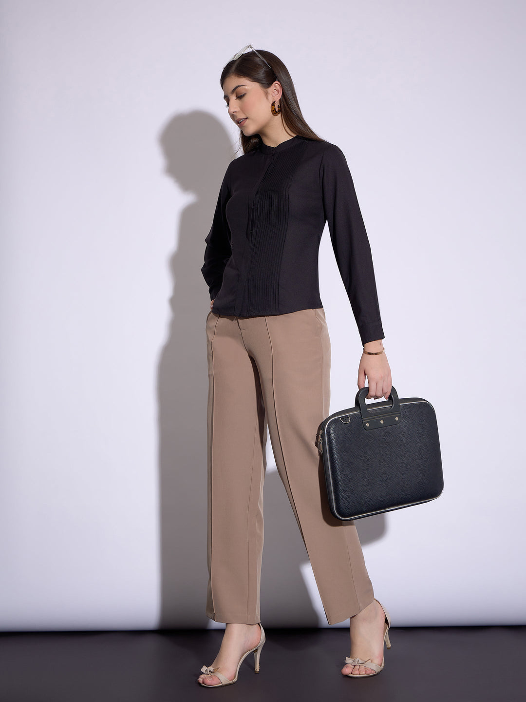 Black Front Pin Tuck Shirt Style Top
