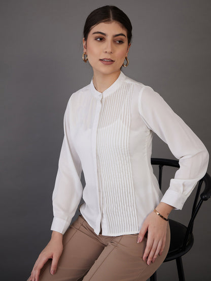 White Front Pin Tuck Shirt Style Top