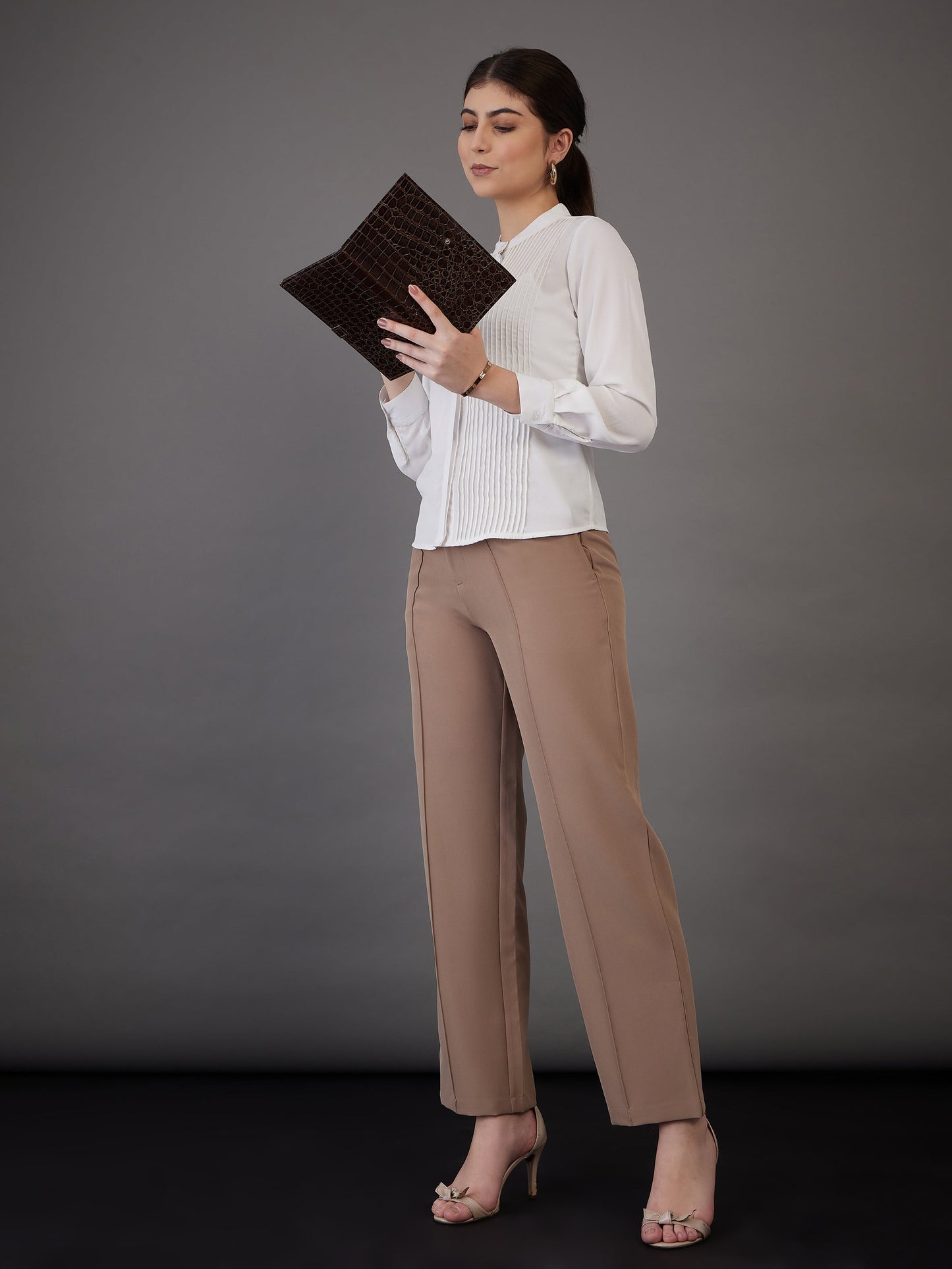 White Front Pin Tuck Shirt Style Top