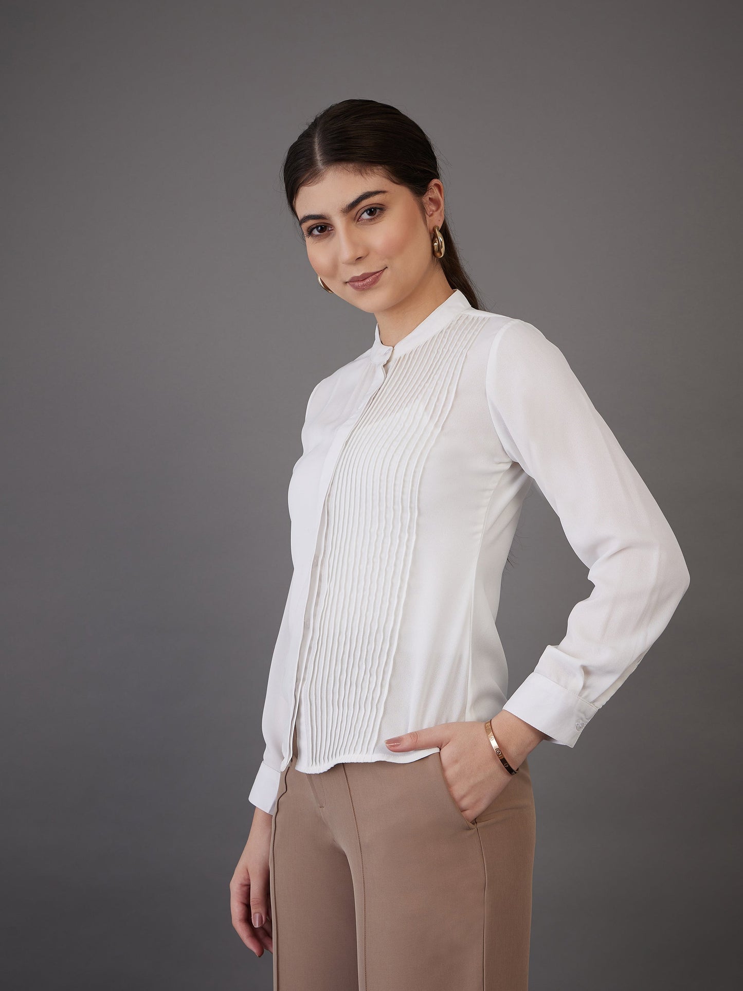 White Front Pin Tuck Shirt Style Top