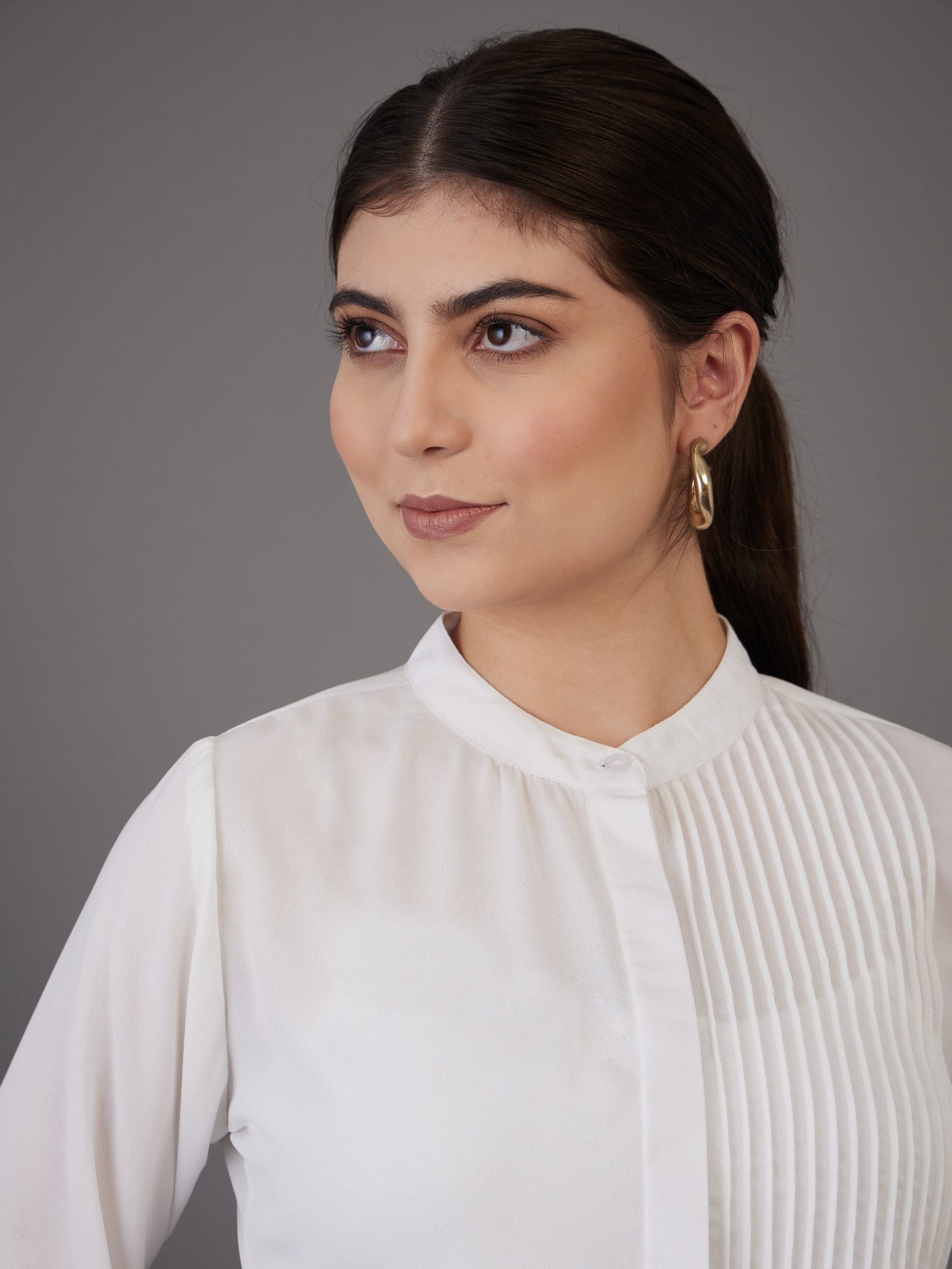 White Front Pin Tuck Shirt Style Top