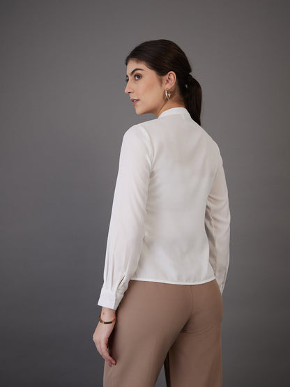 White Front Pin Tuck Shirt Style Top