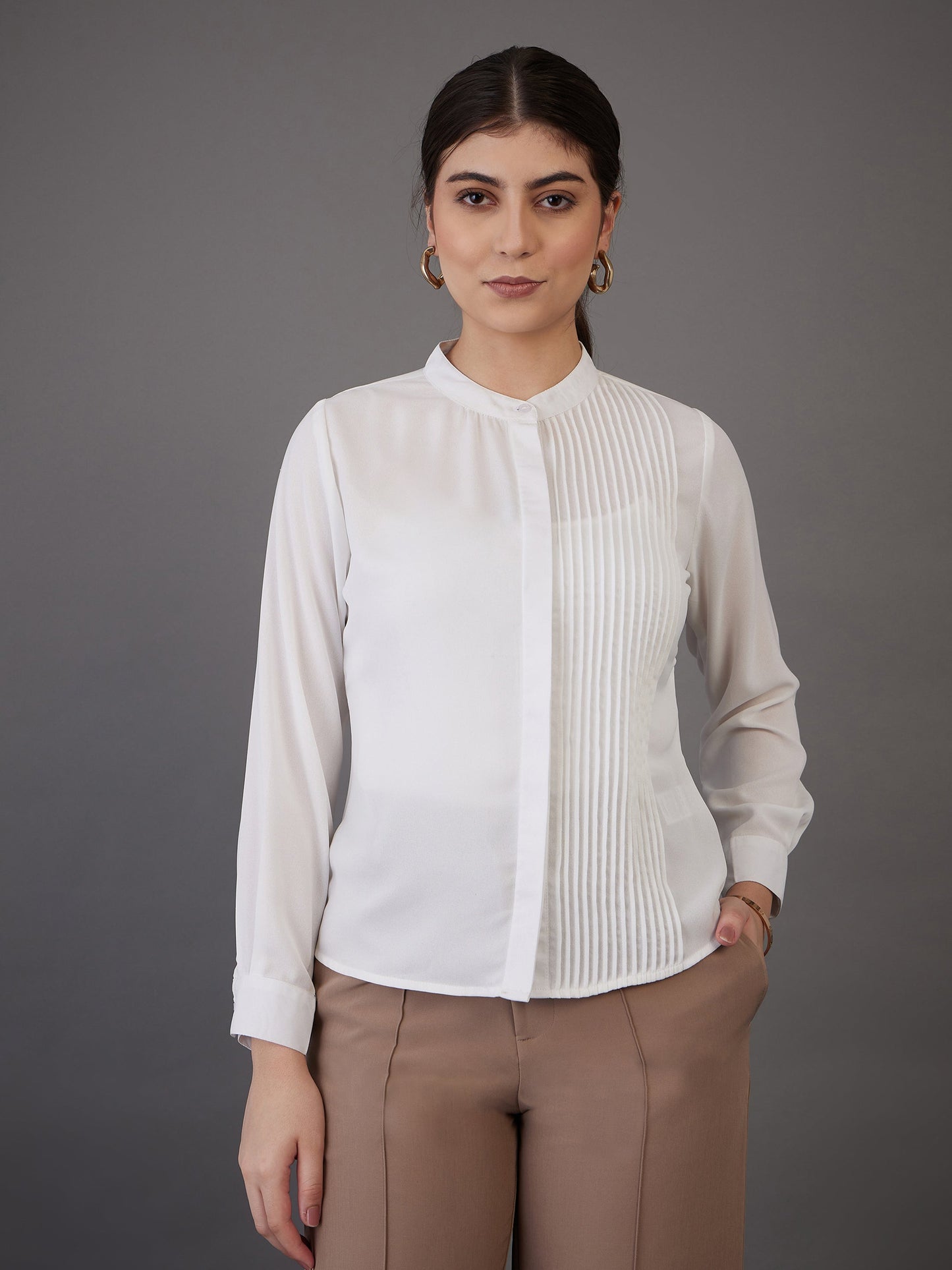 White Front Pin Tuck Shirt Style Top