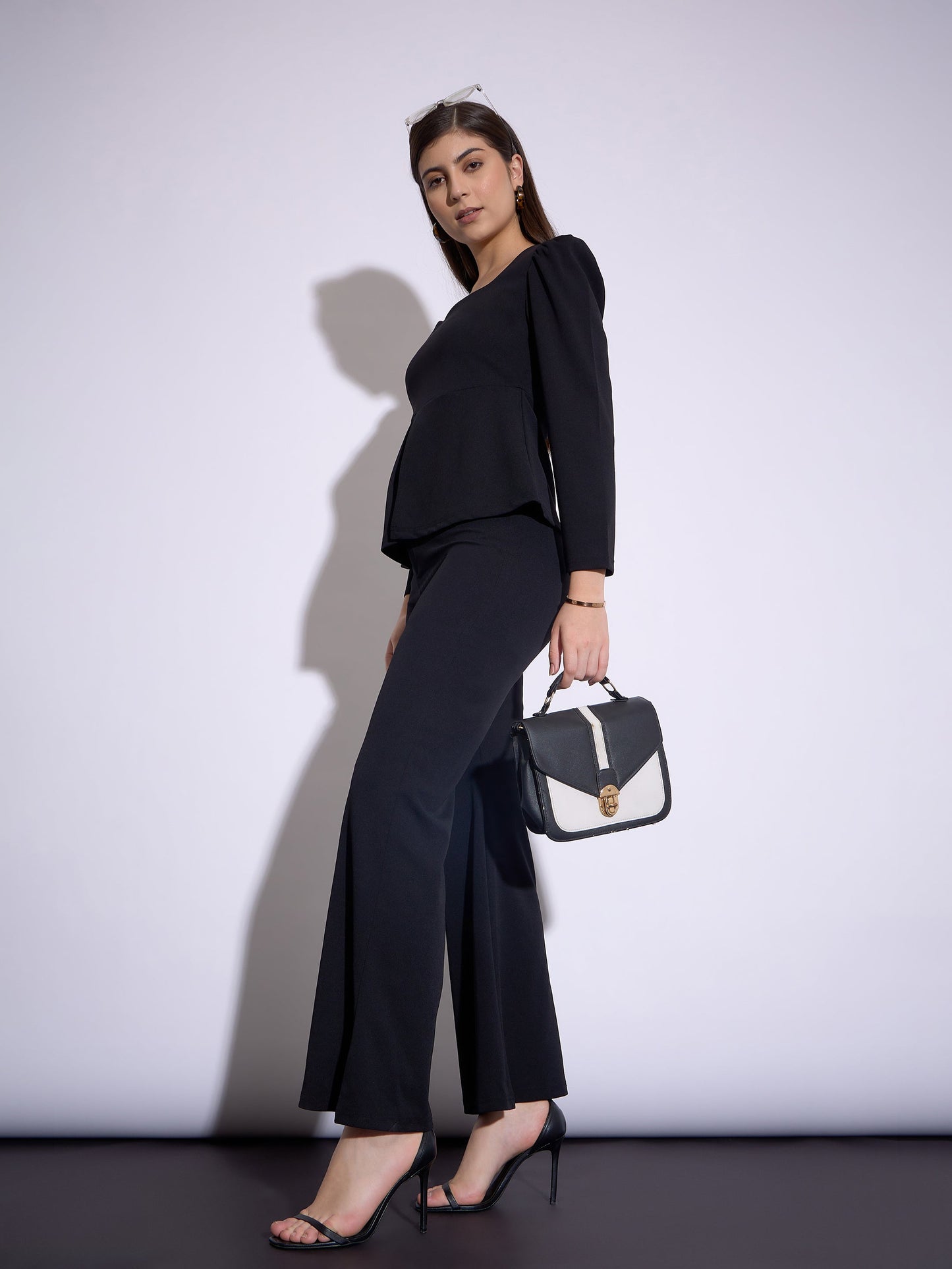 Women Black Sweetheart Neck Peplum Top