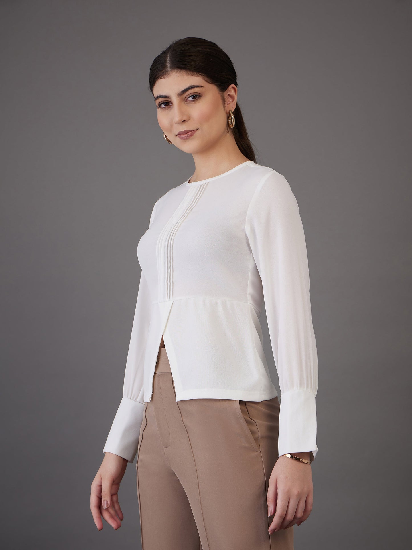 White Pin Tuck Peplum Top