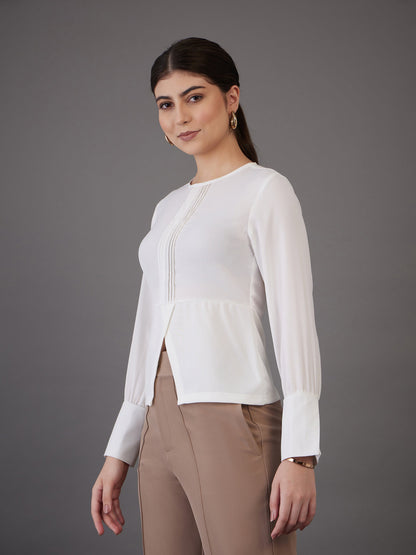 White Pin Tuck Peplum Top