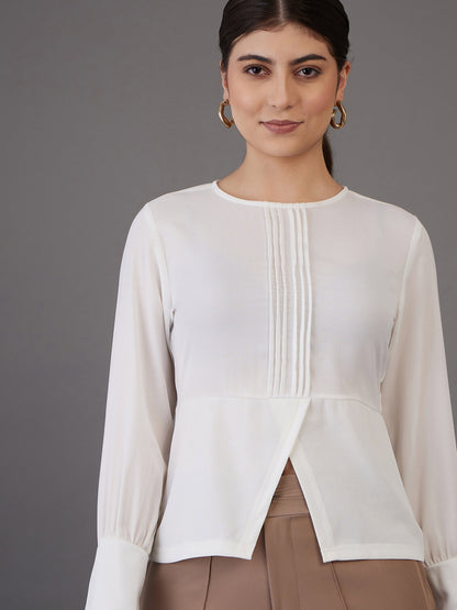 White Pin Tuck Peplum Top
