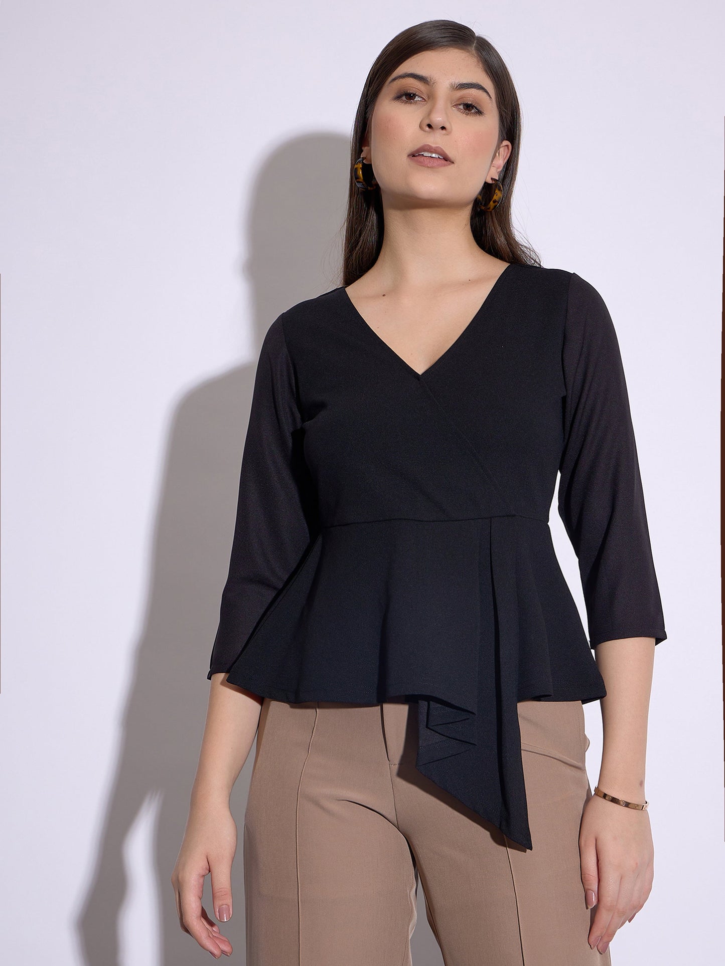 Black Wrap Asymmetric Peplum Top