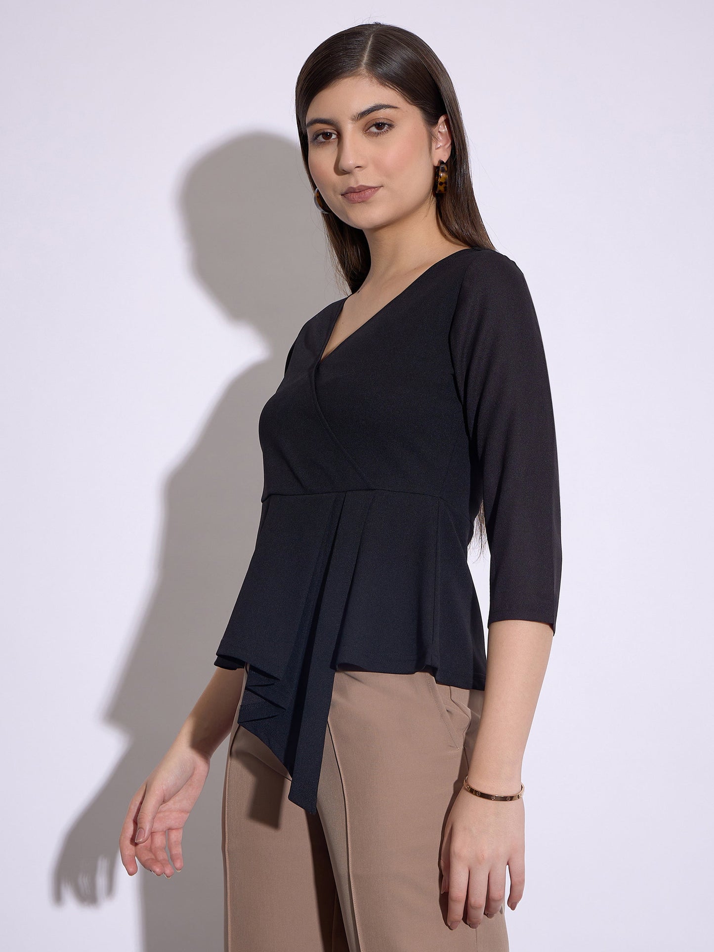 Black Wrap Asymmetric Peplum Top
