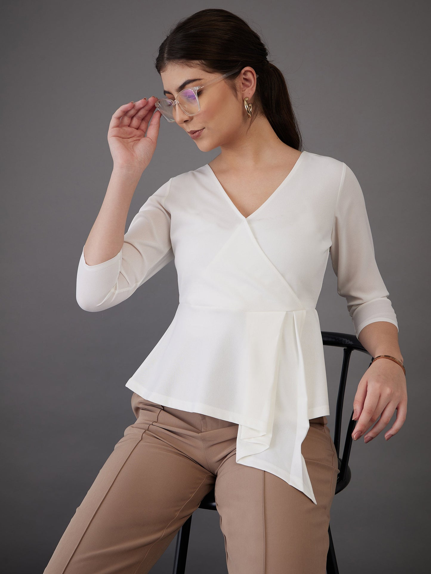 White Wrap Asymmetric Peplum Top