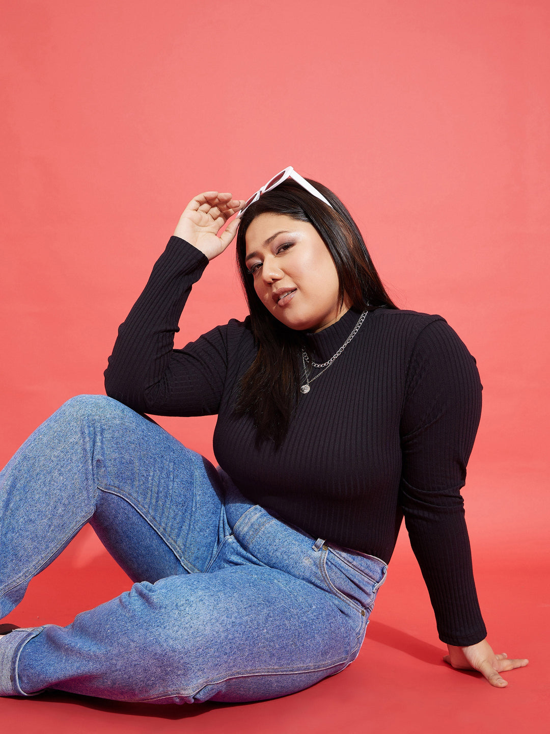 Black Rib High Neck Top-SASSAFRAS Curve