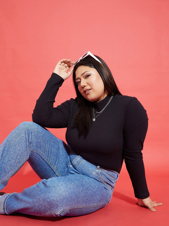 Black Rib High Neck Top-SASSAFRAS Curve