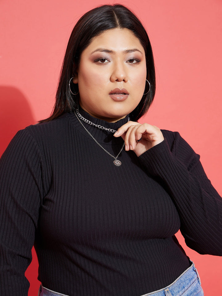 Black Rib High Neck Top-SASSAFRAS Curve