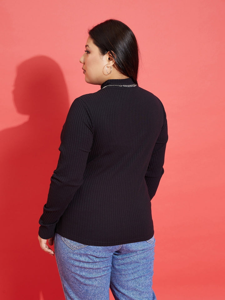 Black Rib High Neck Top-SASSAFRAS Curve