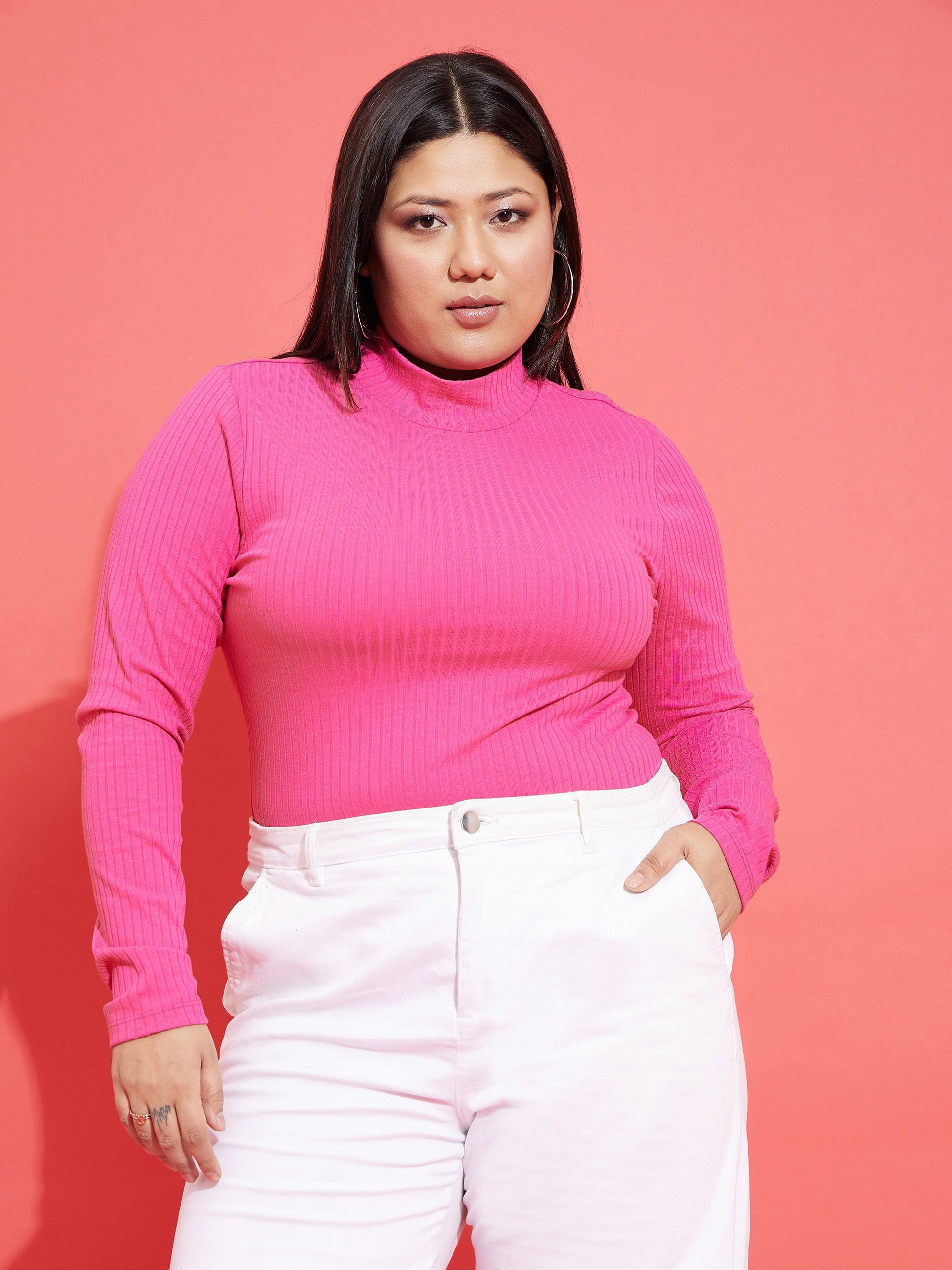 Pink Rib High Neck Top-SASSAFRAS Curve