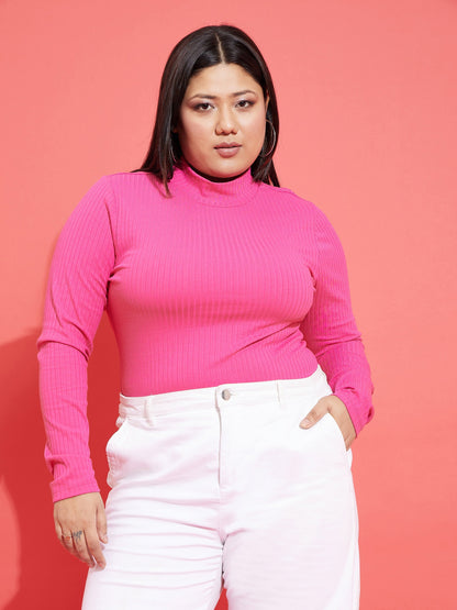 Pink Rib High Neck Top-SASSAFRAS Curve