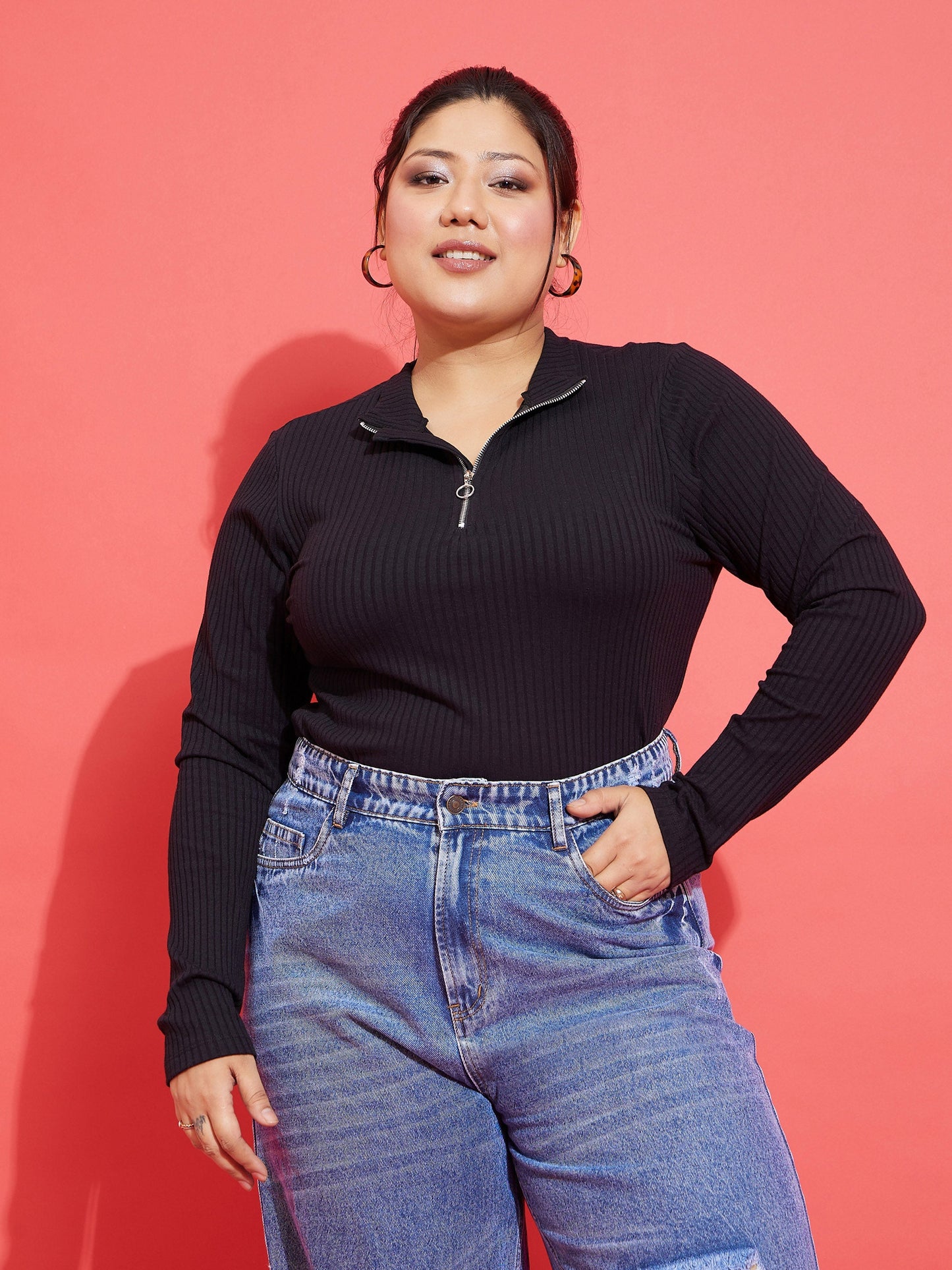 Plus size women's Black Polycotton Black Rib Front Zipper Top by Sassafras Curve for wholesale buyers, boutiques, resellers and bulk orders from