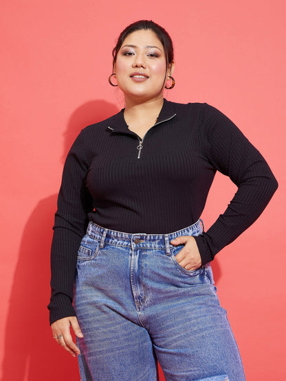Plus size women's Black Polycotton Black Rib Front Zipper Top by Sassafras Curve for wholesale buyers, boutiques, resellers and bulk orders from