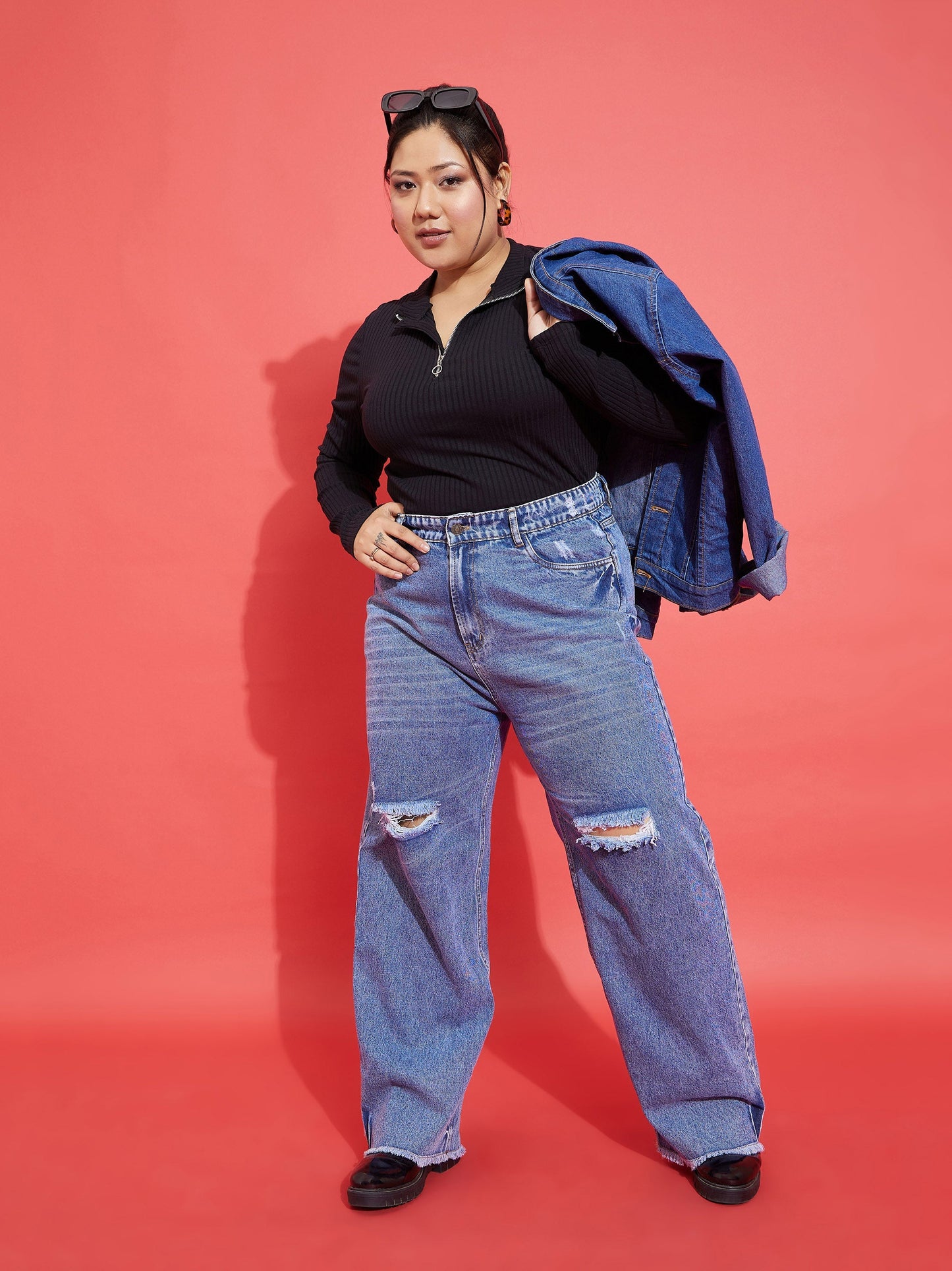 Black Rib Front Zipper Top-SASSAFRAS Curve