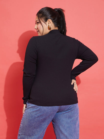 Black Rib Front Zipper Top-SASSAFRAS Curve