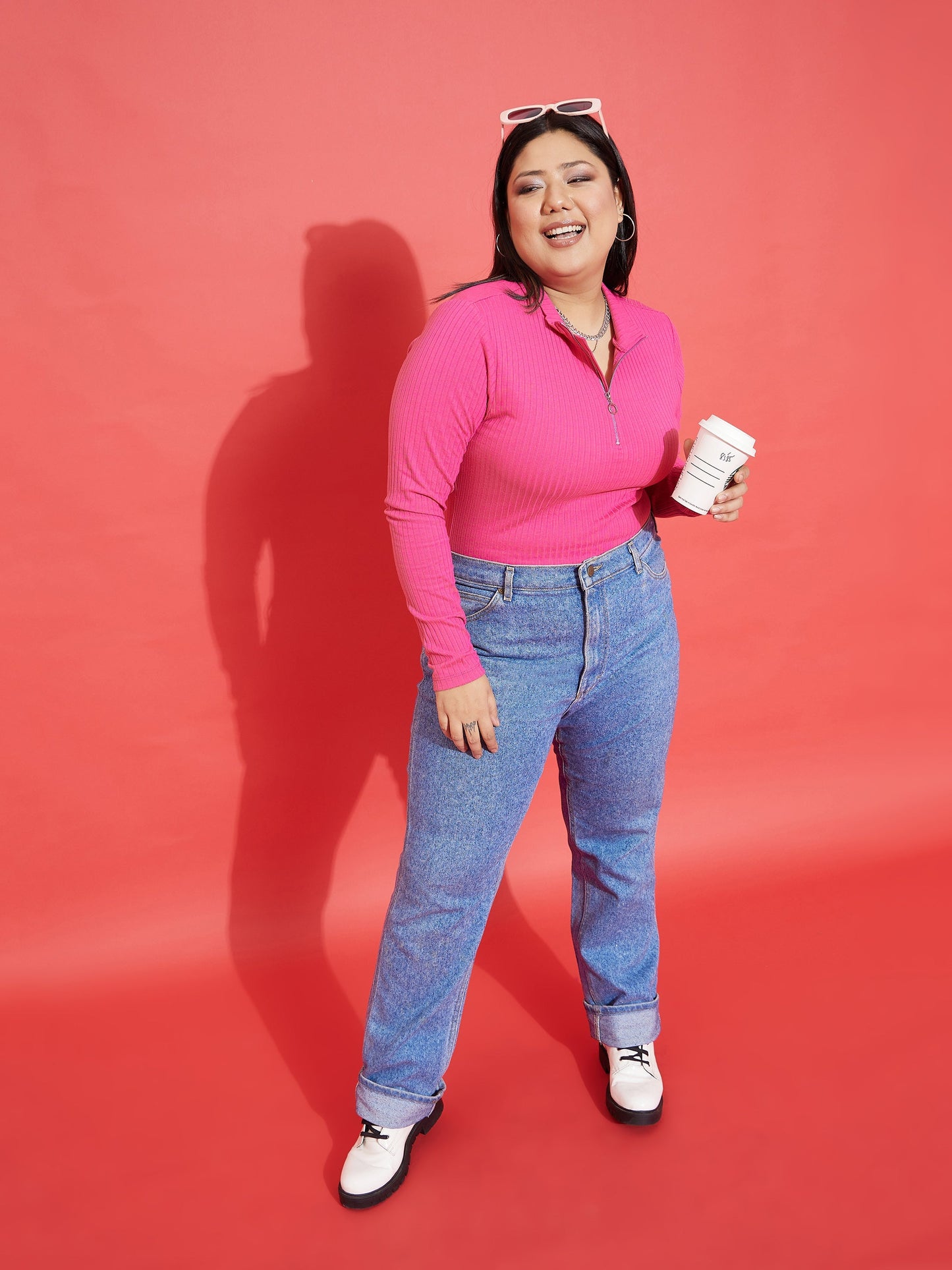 Pink Rib Front Zipper Top-SASSAFRAS Curve