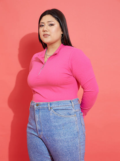 Pink Rib Front Zipper Top-SASSAFRAS Curve