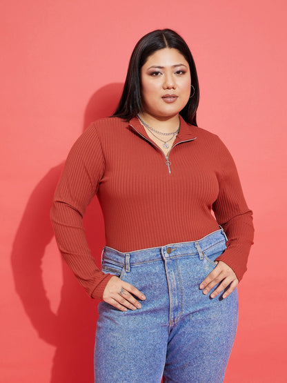 Plus size women's Rust Polycotton Rust Rib Front Zipper Top by Sassafras Curve for wholesale buyers, boutiques, resellers and bulk orders from