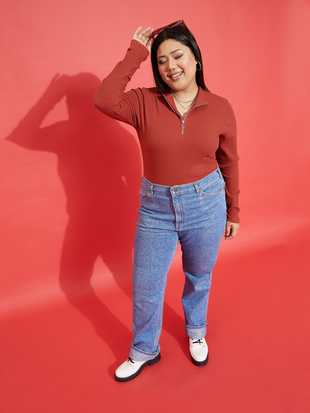 Rust Rib Front Zipper Top-SASSAFRAS Curve