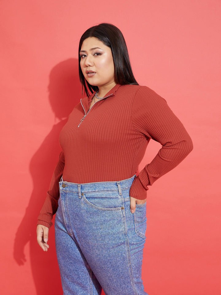 Rust Rib Front Zipper Top-SASSAFRAS Curve