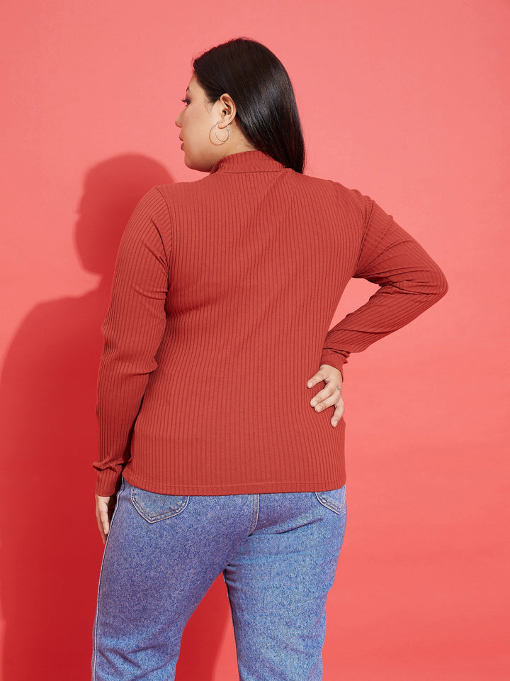 Rust Rib Front Zipper Top-SASSAFRAS Curve