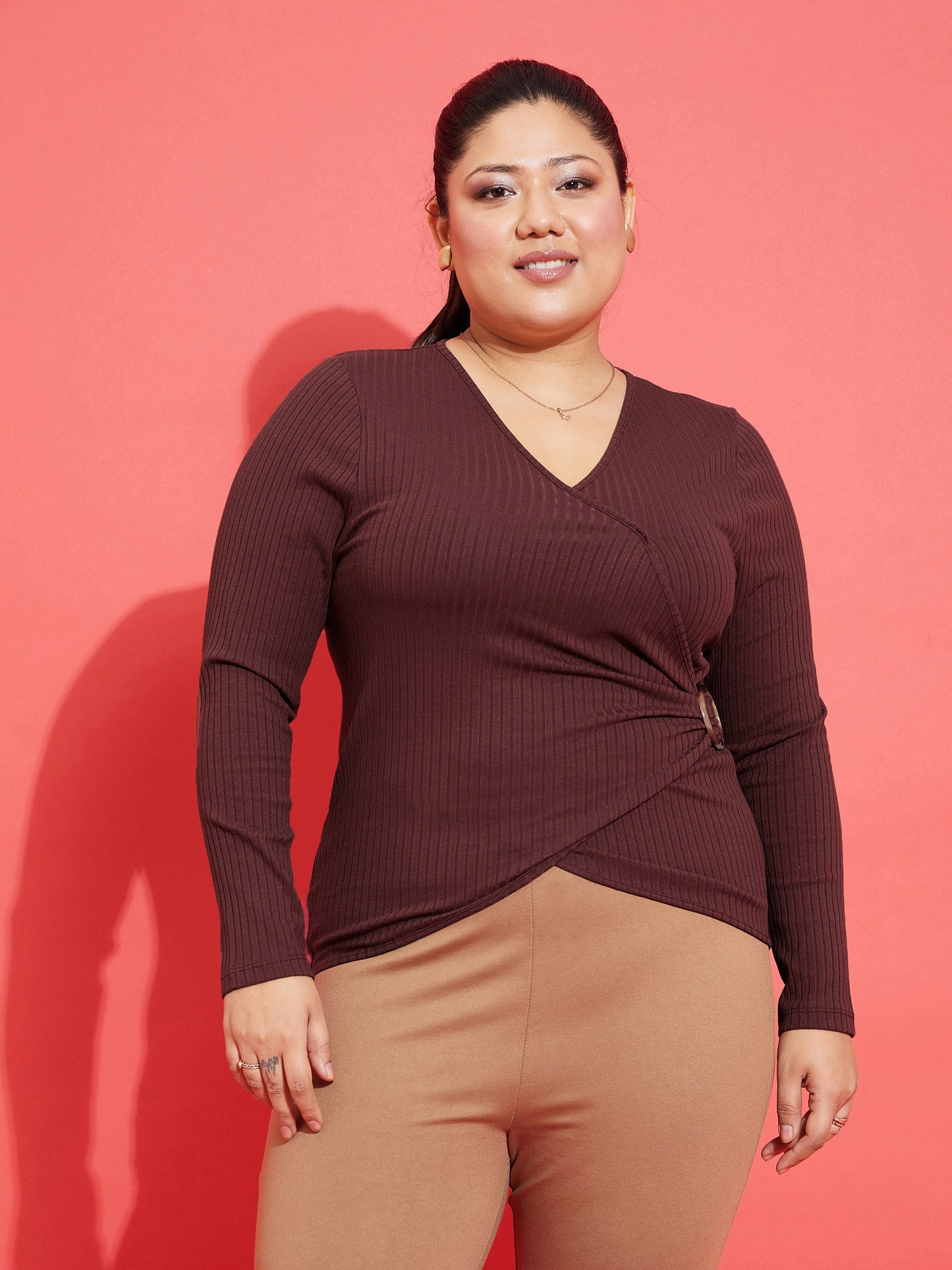 Plus size women's Brown Polycotton Brown Rib Side Buckle Detail Top by Sassafras Curve for wholesale buyers, boutiques, resellers and bulk orders