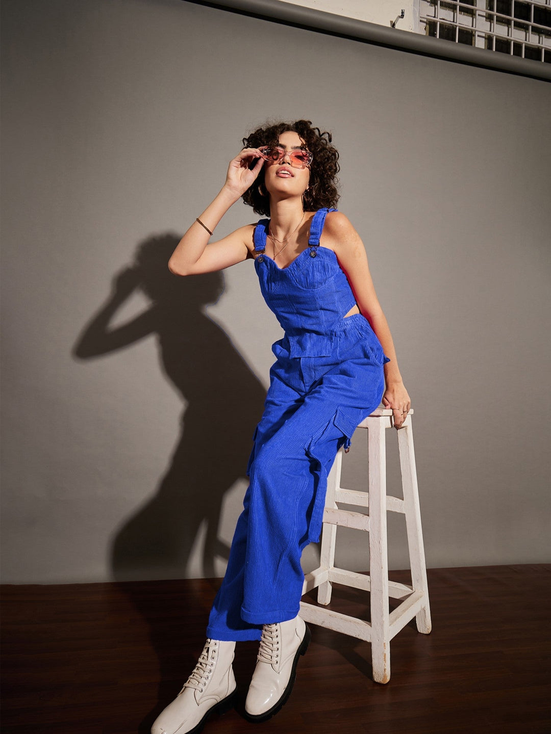Women Royal Blue Corduroy Bustier Crop Top